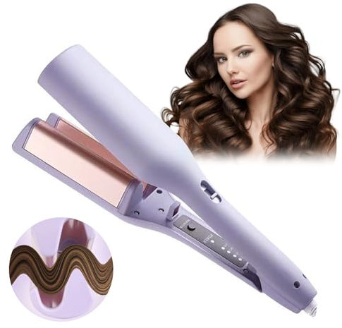 French Wave Curling Iron Crimper, Hair Waver Wand Double Barrel Curler Women Girl, 32mm Deep Crimpers for Mermaid Beach Hair, Egg Roll Wavers Styler Care Tool 4 Temp for Short Medium Long (Purple)