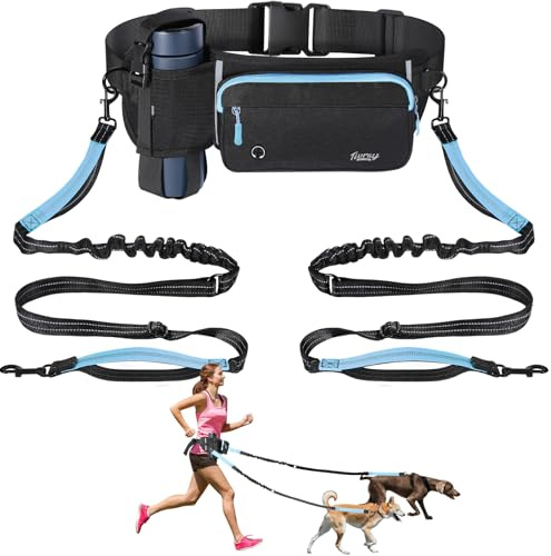 Tivray Correa para Perros Manos Libres 2 Perros, Correa de Cintura Ajustable Pasear Perro con Doble Bungees Mango Acolchado, Correa Trotar Amortiguador de Manos Actividades al Aire Libre, Negro+Azul