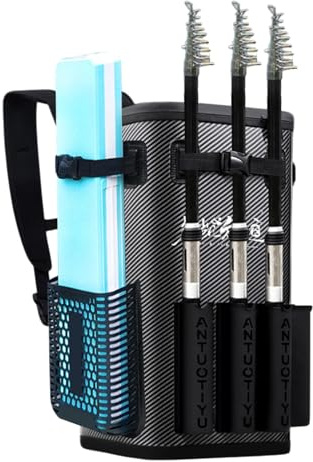Kustimantu Mochila de pesca, caja de aparejos, bolsa de pesca impermeable de 49 l, mochila de pesca con soporte para cañas | Gran bolsa de almacenamiento de honda, mochila para aparejos de pesca para