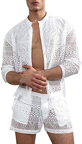 Men's Summer Sexy See-Through Lace Suit Short Sleeve Top And Shorts Mesh Two-Piece Set Summer Hollow Mesh Pyjamas Set Sexy Sheer Shirt Set for Honeymoon Clubwear