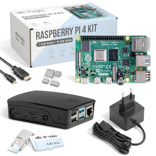 Raspberry Pi 4 2GB Starter-Kit | 64GB Edition | Offizielles Netzteil 15W | Offizielles Gehäuse Schwarz | 4k Micro HDMI Kabel | Kühlkörper Set