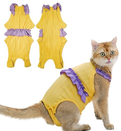 Paipeper Cat Recovery Suit,Kitten Onesie After Surgery,E-Collar Alternative for Abdominal Wound and Skin Diseases,Soft Breathable Bodysuit After Spay（Yellow-l）