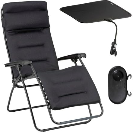 Lafuma Ensemble Fauteuil Relax Transat Jardin - Chaise Longue Matelassé avec Ombrelle Et Porte-gobelet - Rsx Clip - Aircomfort® - Noir Acier Mobilier