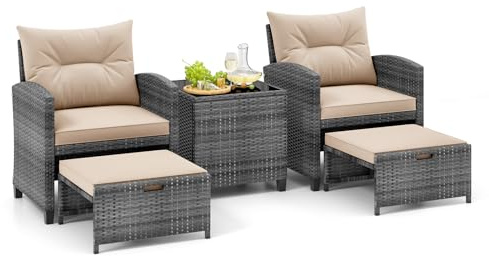 COSTWAY 5-Piece Rattan Garden Furniture Set, Patio Conversation Set with 2 Chairs, 2 Stools, Glass Top Coffee Table and Thick Cushions, Balcony Wicker Weave Outdoor Sofa Seating (Beige+Mix Grey)