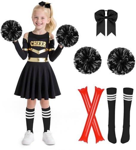 AYBUY Cheerleader-Halloween-Kostüm, Mädchen Cheer Outfit Fasching Kleid, Zombie Cheerleader mit Pompoms, Socken, Inflatable Stick und Kopfschmuck für Karneval, Halloween, Cosplay-Partys, 150