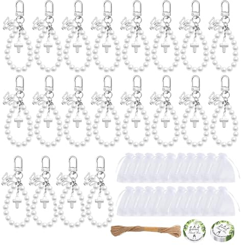 Lot de 20 porte-clés en forme de croix avec perles dans des sacs en organza pour mariage, baptême, fête prénatale, invité, étiquette de remerciement