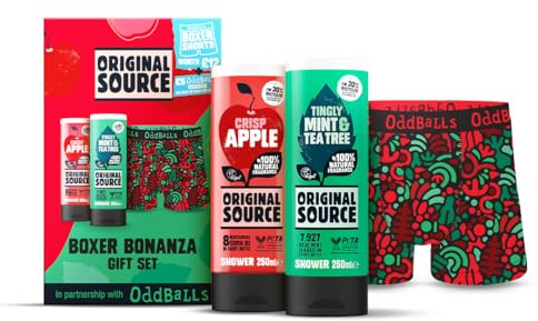 Original Source x Oddballs Boxer Bonanza Gift Set with Crisp Apple and Mint & Tea Tree Shower Gel and Boxers, Gifts for Men, Birthday Gift, 100 Percent Natural Fragrance, Vegan, Cruelty Free