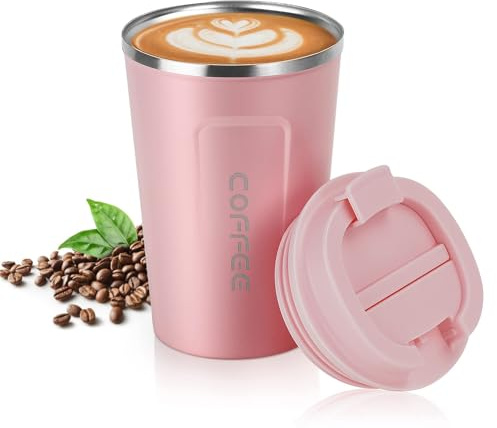 flintronic Tazza da Caffè Isolata, 380ML Tazza per Caffe da Viaggio, Bottiglia di Acciaio Inossidabile Thermos, Coffee Coppa Tazza Termica da Viaggio Ermetica per Mantenere Caldo/Freddo-380ML（Rosa）