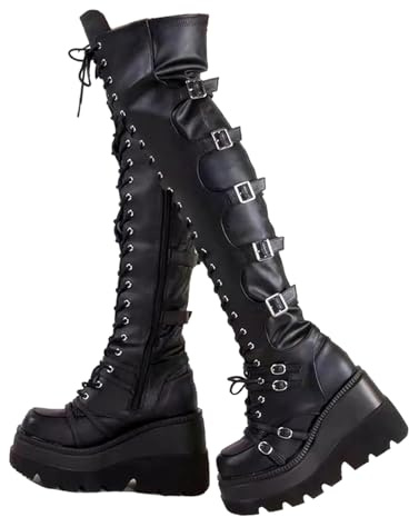 XFKOHBE Bottes gothiques au-dessus du genou pour femme - Talon épais - Bottes de combat avec boucles - Fermeture éclair latérale - Bottes à lacets, Noir , 39 EU