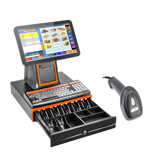 Efficieran Professional Cash Till Machine Hardware for Shop Cafe, 15.6 Inch Touchscreen POS System Without Software, i5 CPU, Printer and Cashbox Bundle, Black(Black,80 tooth gear printer)
