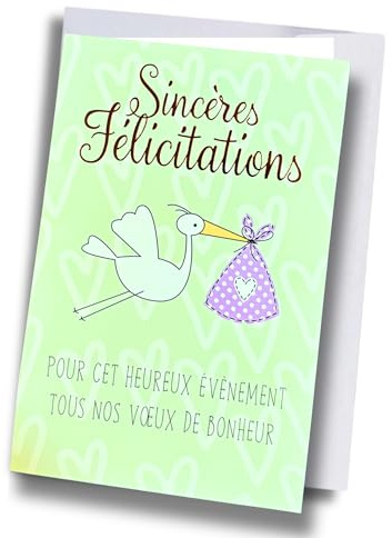 Générique Carte de Félicitations Naissance avec Cigogne, Sincères Félicitations, Design Cœurs, Enveloppe Incluse