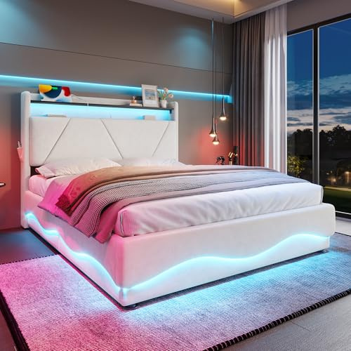 Ball & Cast 5ft Upholstered King size Bed with LED Headboard, Hydraulic Storage Bed, Quiet Gas-Lift Slatted Storage Base & USB Ports, Fabric Platform Bed with Shelves, Side Pockets, 150x200cm, Beige