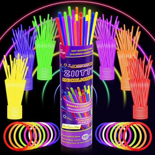 Ziitty Barras Luminosas, 100 Pulseras Luminosas Fluorescentes y 100 Conectores, Neon Kits para Crear Pulseras y Collares, Fiesta Nochevieja Navidad Boda Cumpleaños Decoracion Regalo para Niños Adultos