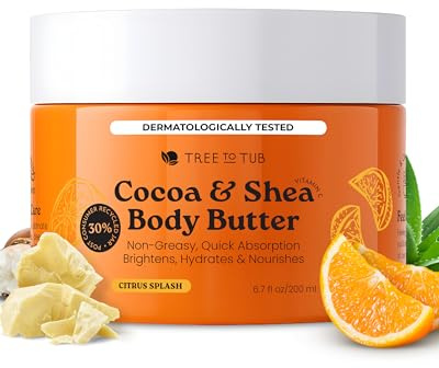Tree to Tub Shea Body Butter for Dry, Extremely Dry, Sensitive Skin - Moisturizing Body Cream for Women & Men, Hydrating Body Lotion Moisturizer w/Vitamin C, Organic Cocoa, Citrus Scent