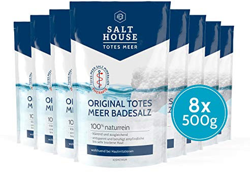 SALTHOUSE® Original Totes Meer Therapie Badesalz PUR 8er-Pack I Löst Hautschuppen I Bindet Feuchtigkeit I Reich an Mineralsalzen I vegan I Hautverträglichkeit dermatologisch bestätigt (8x500 g)