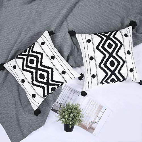 Chlophy Juego de 2 fundas de cojín de 45x45 cm, color blanco y negro bohemio de 45x45 cm, fundas de cojín bordadas con diamantes de lona de algodón, con textura geométrica, sofá, sala de estar