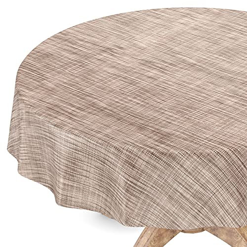 ANRO Tischdecke abwaschbar Wachstuch Wachstuchtischdecke Gartentischdecke Leinen-Optik Pflegeleicht Wasserabweisend 120 x 120 cm (Rund) Braun Schnittkante