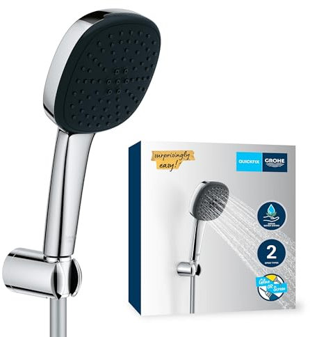 GROHE Vitalio 110, Duschkopf mit Schlauch und Halterung, wassersparend, 8l pro Min (Handbrause 2 Strahlarten, Duschbrause mit Duschschlauch 1,5m, Halterung klebbar), eckig, chrom, 26399001