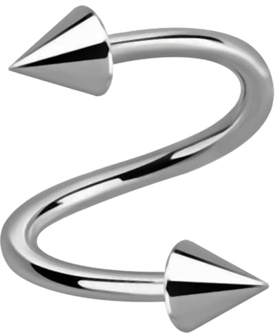 AZARIO LONDON G23 titanio calibro 16 (1,2 mm) bilanciere a spirale con cono – Piercing per sopracciglio – Orecchio cartilagine – Trago Twisted Barbell, 8mm Length - 3mm Cone, Titanio grado G23,