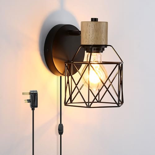Lightess Plug in Wall Light Vintage Industrial Wooden Wall Sconce with Dimmable Switch and Metal Cage Shade, Indoor Rotatable Wall Lamp E27 for Bedroom Hallway Living Room