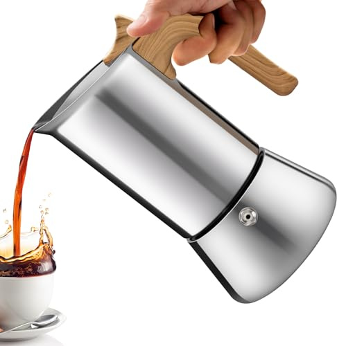 Vaolvpant No Coating 4 Cup Moka Pot Thickened 304 Stainless Steel Stovetop Espresso Coffee Maker 200ml 6.8oz Mocha Percolator Greca Cuban Ideal for Making Rich Authentic Italian Café