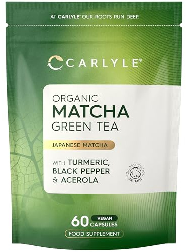 Organic Matcha Green Tea Extract 2210mg | 60 Vegan Capsules | Japanese Matcha Green Tea Extract Boosted with Turmeric, Acerola & Black Pepper | High Strength Complex | by Carlyle