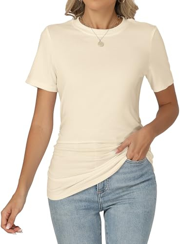 Famrrifuu Donna Maglia Manica Corta Collo Rotondo Maglietta Elegante Basic Top Bluse Estivo Casual T-Shirt, Beige, L