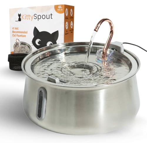 KittySpout Stainless Steel Cat Water Fountain Automatic Drinking Fountain, Quiet Circulating Water Bowl, Dishwasher Safe, Indoor Pet Fountain for Hydrated Healthy Cats (Stainless Steel, 4L Corded)