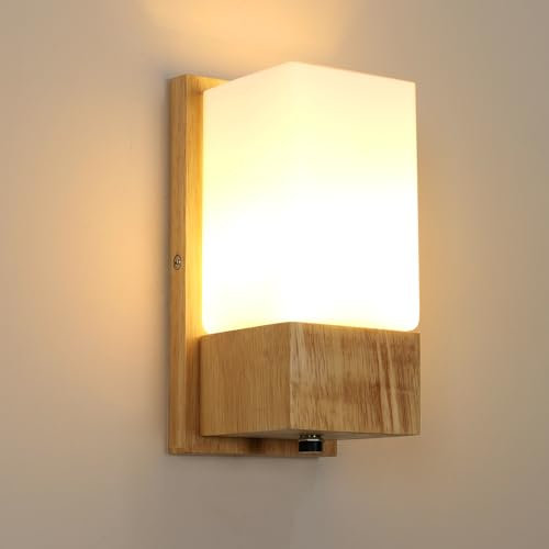 Comely Wandleuchte Innen Holz, Vintage E27 Wandlampe Innen mit Glas Lampenschirm, Wandstrahler Retro Wand Lampen für Schlafzimmer, Flur, Esszimmer, Wohnzimmer