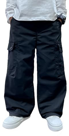 Boys Cargo Trousers Kids Jogging Pants With Wide Straight Leg Baggy School Sweatpants Elasticated Waist Kids Hiking Outdoor Joggers Multipockets Tactical Combat Chino Trousers Black