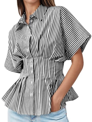 Tankaneo Womens Striped Peplum Button Down Shirts Short Sleeve Pleated Tops Summer Business Casual Blouses Black