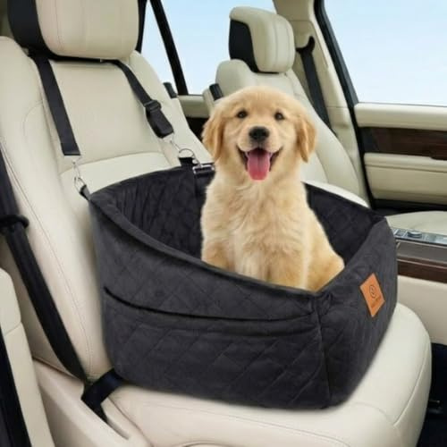 Velorna Dog Car Seat for Cars – Soft Quilted Pet Booster Seat with Adjustable Safety Straps, Portable Travel Bed for Small and Medium Dogs – Comfortable and Secure Design for Car Journeys