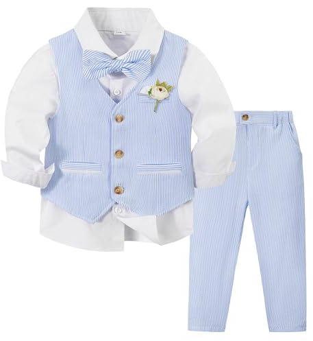 Volunboy Conjunto de Ceremonia para Niños Bebé, Traje de Boda 5 Piezas con Chaleco + Camisa + Pantalón + Fiorecillo + Pajarita(Tamaño 90,18-24 Meses,Azul Cielo)