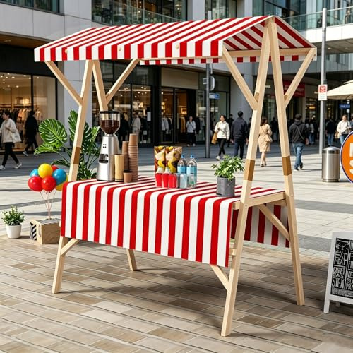 STCERY Carro De Ventas para Exteriores con Toldo, Carrito De Comida Portátil, Puesto De Exhibición Plegable, Estantería De Madera, para Mercados, Ferias Y Eventos(Red,150cm/59in)
