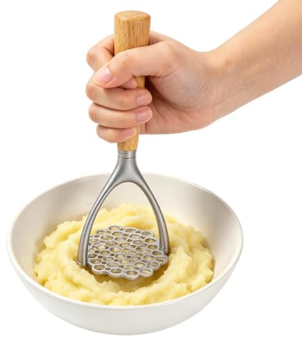 Potatismosare | med Trä Handtag och Dubbel Båge | Potatispress och matmosare för | för avokado, bananer, morötter, frukter, grönsaker, matsalen, lägenheten, daglig matlagning i