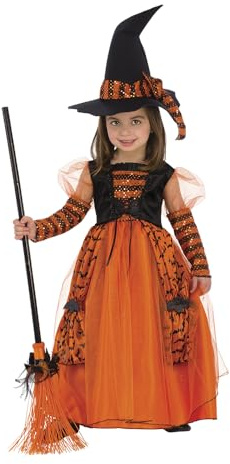 Rubies Disfraz Bruja Brillante para niña, vestido de bruja infantil en color naranja, con detalles en purpurina y sombrero detalles con lentejuelas para halloween, carnaval, cumpleaños y navidad