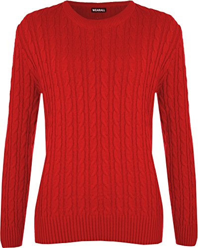 WearAll Women's Cable Knit Long Sleeve Top Ladies Jumper Sweater - Red - 8-10