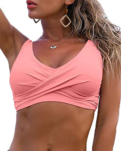 Fanuerg Women Bikini Top Padded Push Up Swimsuit Top V Neck Twist Front Swim Bathing Suit Tops Only Coral Pink M