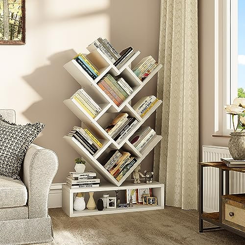YITAHOME Baum Bücherregal, Boden stehendes Bücherregal mit hölzernen Schublade industrielle Regaleinheiten Anzeige Lagerregal für Wohnzimmer, Haus, Büro, weiße Bücherregale