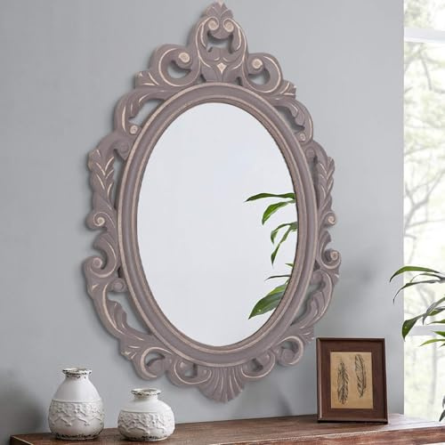 Lzuso Brown Wooden Frame Wall Mirror Oval Vintage Mirrors Carved Hanging Mirrors Decorative Baroque Style Rustic Aesthetic Mirror for Wall Home Living Room Bedroom Entryway Decor 70x50 cm