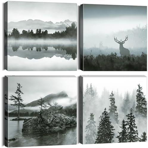 Artscope 4 Parties Impression sur Toile - Forêt et Brouillard Impression sur Toile Décoration Murale pour Chambre Peintures à l'huile pour Maison Bain Salon Chambre 30x30CM