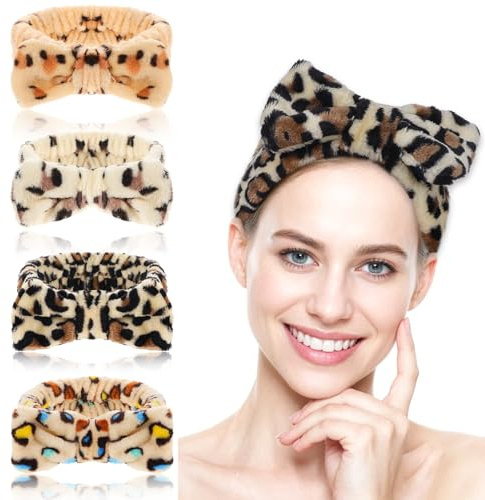 4Packs Soft Coral Fleece Leopard Spa Headband for Makeup, Skincare, Yoga