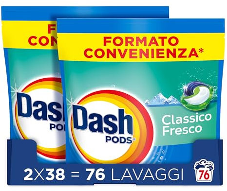 Dash Pods Detersivo Lavatrice In Capsule, 76 Lavaggi (2x38), Classico Fresco, Rimuove Le Macchie, Efficace A Freddo Anche E In Cicli Brevi