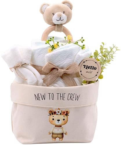 Trend Mama | Windeltorte New to the Crew | mit Bär Greifling, Babysocken, 17 Windeln (Gr.2) | Windeltorte-Windelkorb - Babygeschenk zur Geburt Unisex