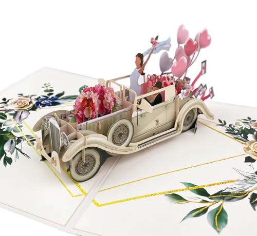 LUMITERRA Carte pop-up Voiture de Mariage just Married en 3D - élégante Carte de Vœux de Félicitations pour l'union, Cadeau d'argent pour le Voyage de Noces et la lune de Miel du Couple de Mariés