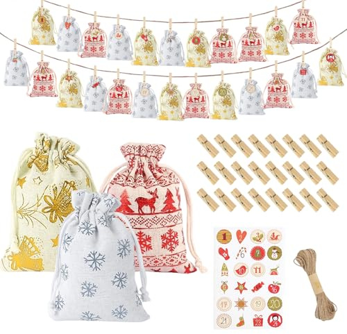 DIY Advent Calendar 2025, Empty Advent Calendar to Fill Yourself - 24 PCS Hessian Bags Wooden Clips Number Stickers Rope, Christmas Gifts Bags for Filling for Christmas Decorations (Style 1)