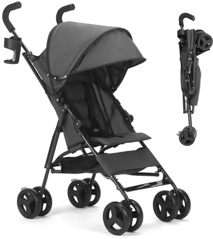 Baby Stroller, Travel Umbrella Stroller with Foldable Pushchair with Adjustable Canopy, Folding Infant Pram Stroller with Storage Basket, Cup Holder, Suspension Wheels for Infants 3-36M (Gray)