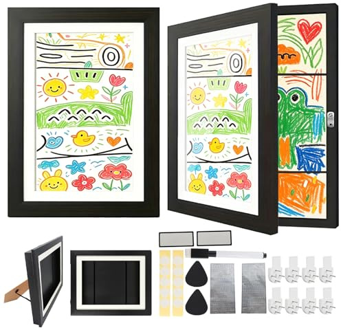 Yuaerbuo 2 Pack A4 Photo Frames, Kids Artwork Display Frame, A4 Picture Frame, Fillable Front Opening Photo Frame With Stand, Magnetic Labels, Letter Stickers, Marker Pen, Invisible Nails(Black)