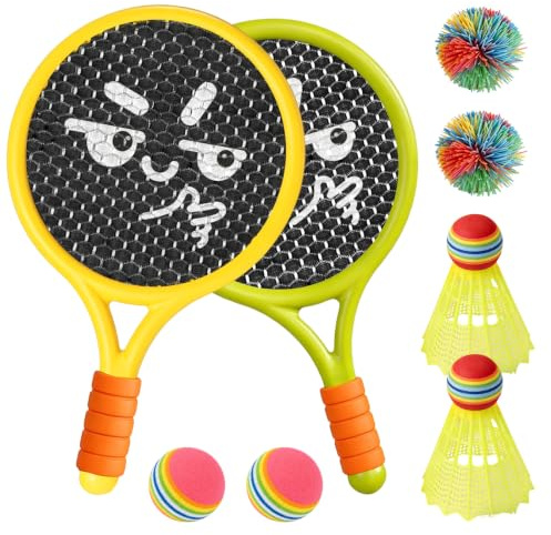 Kids Tennis Rackets Set, Outdoor Garden Badminton 2 Plastic Tennis Rackets 2 Shuttlecocks 2 Tennis Balls 2 Rainbow Rubber Ball for Beginner Indoor Outdoor Family Sport Games Improve Skills Orange