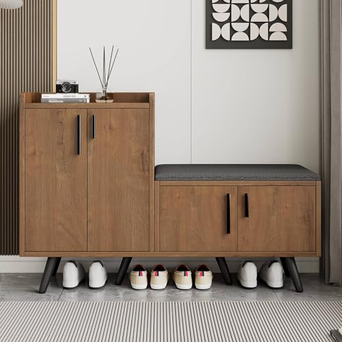 ModernLuxe Banc à Chaussures Moderne avec Rangement – Meuble à Chaussures en Bois avec 4 Porte,Coussin Rembourré,120x34x82 cm – Organisateur de Chaussures pour Entrée, Salon, Chambre - Couleur Bois